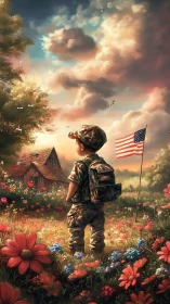Young soldier observes rural flag in luminous wildflower field.
