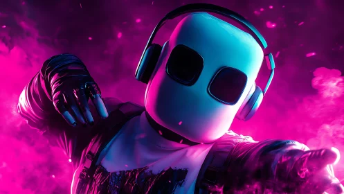 Neon masked DJ hero grooving through glowing pink fumes.