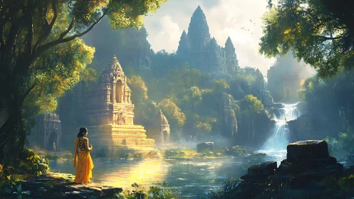 Mystic jungle temples with robed wanderer at sunrise.