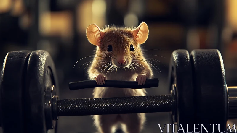 Mouse holding barbell handle in dim fitness environment.