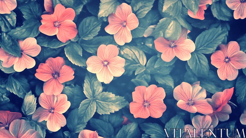 Coral Flowers Bloom Among Deep Teal Foliage