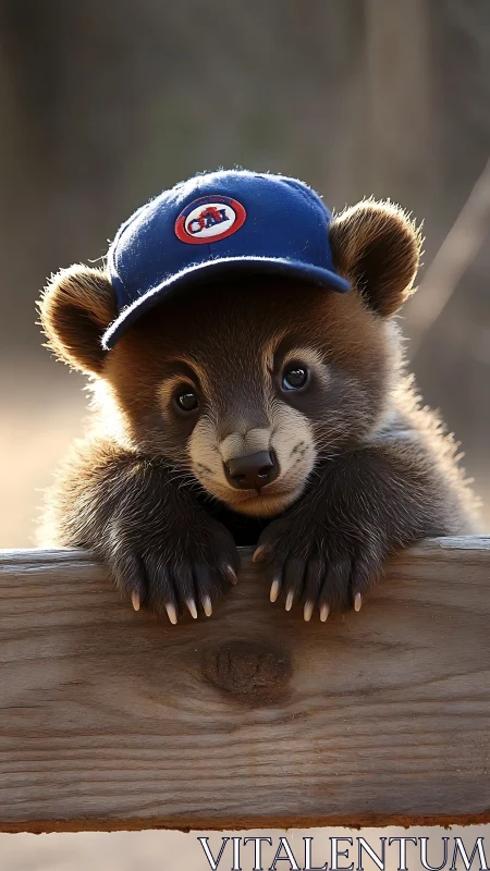 Bear cub wearing blue baseball cap rests on wooden fence