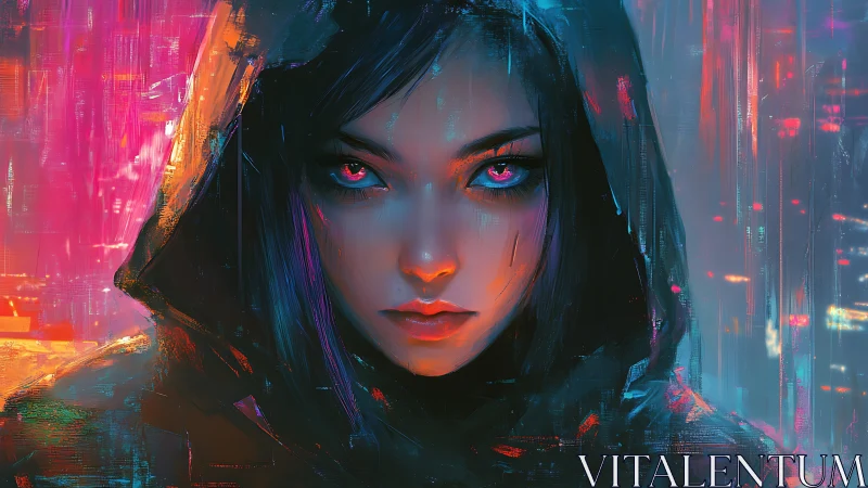 Mystic cyberpunk girl with neon gaze in a glowing city.