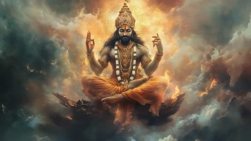 Radiant celestial deity meditates in a storm of golden clouds