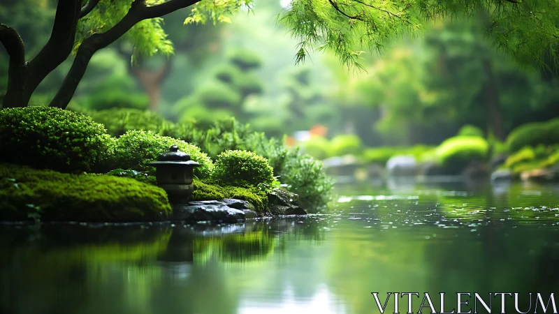 Serene Japanese garden pond reflects lush green foliage