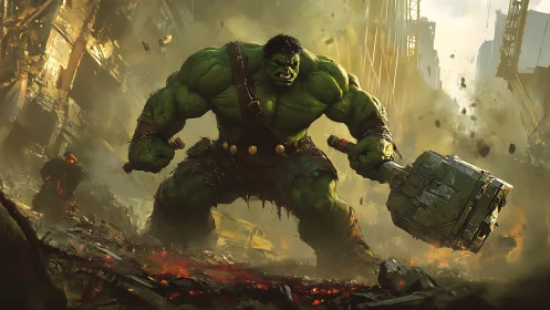 Green brute warrior wielding giant hammer in ruined city.