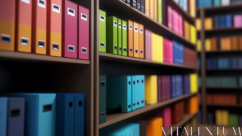 Colorful file binders bringing cheerful order to shelves.