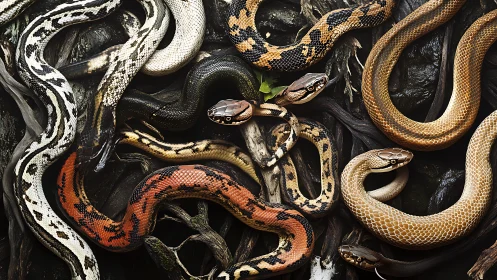 Coiled jungle snakes rest in a rich tangle of roots and bark