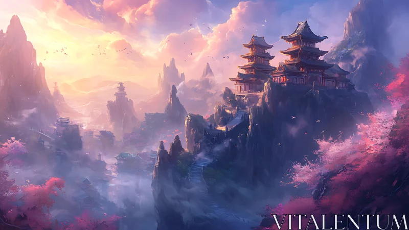 Sunlit mountain temples overlook a misty, dreamlike valley.