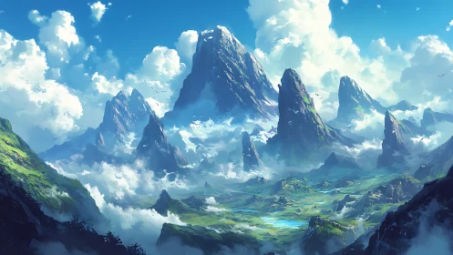 Sunlit fantasy peaks rising above a dreamy green valley.