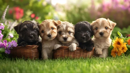 High-detail portrait of five terrier puppies in wicker baskets