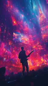Electric guitarist glows against a neon dream city night sky