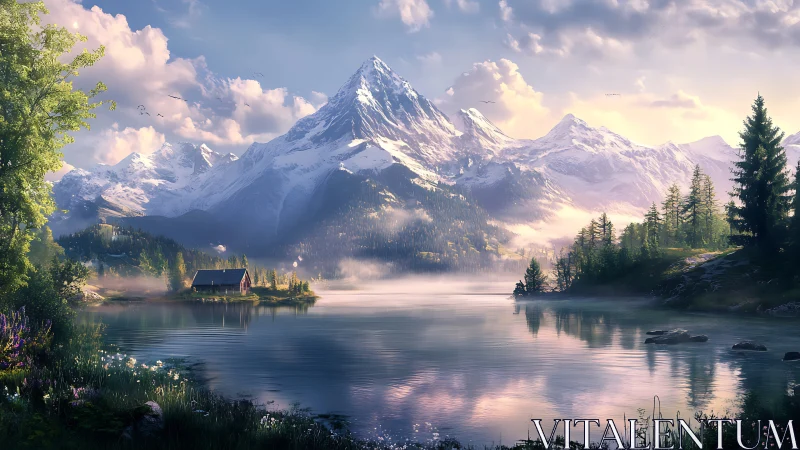 Snowy mountain lake glows at sunrise beside a quiet cabin