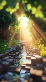 Voxel forest creek under golden sunrise light shafts.