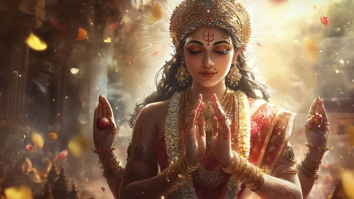 Hindu deity figure meditates with ornate jewelry and light