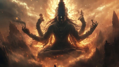 Colossal fiery deity emerging over ruined temple city.