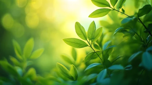 Sunlit Green Leaves in Gentle Bokeh Nature Background Photo.
