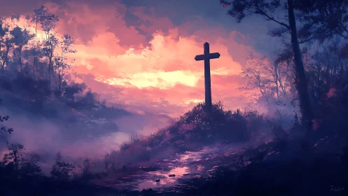 Solitary hilltop cross under ember-lit twilight sky.