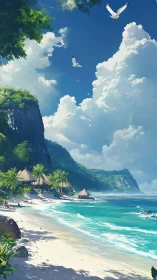 Tropical Paradise Beach. Coastal cliffs, turquoise waters, white doves.