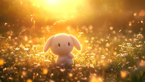 Sunlit meadow bunny glows in a golden dreamscape hush.