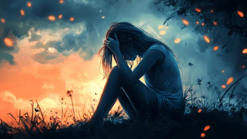 Backlit silhouette of seated girl in high-contrast bicolor dusk