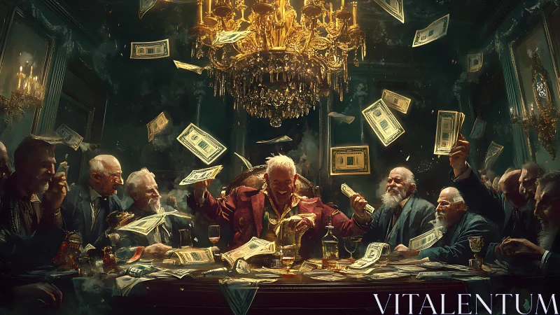 Opulent tycoons hurl money beneath glowing chandelier.