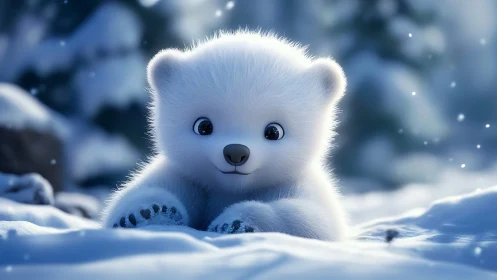 Snowlit baby polar bear rendered in soft cinematic 3D.