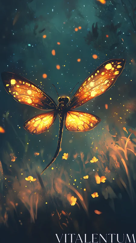 Luminous dragonfly drifts through a glowing twilight meadow.