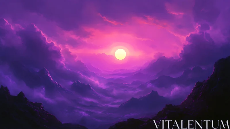 Neon sun descends over violet storm-laden mountainscape.