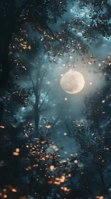 Digital forest scene shows full moon framed by dense foliage