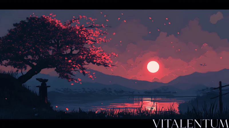 Glowing cherry tree watching over a peaceful sunset lake.