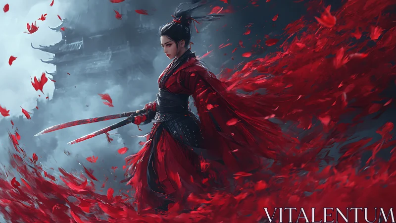 Crimson warrior amid swirling petals and spectral pagoda.