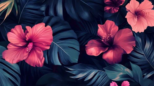 Vibrant Pink Hibiscus Blooms Against Dark Tropical Foliage.