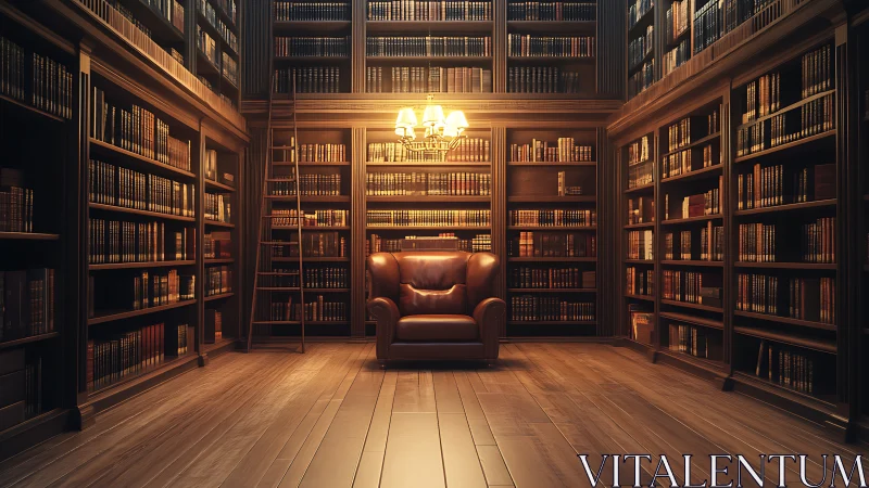 Leather armchair in warm wood paneled private library.