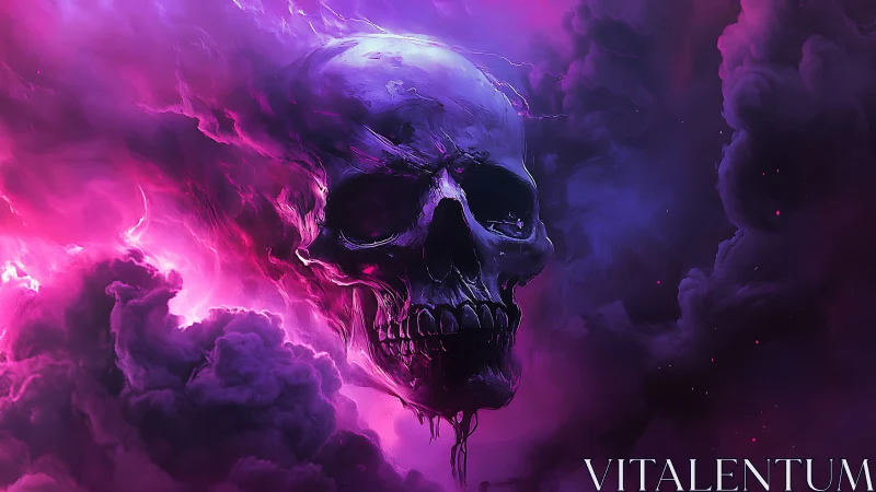 Skull emerging from violet and magenta storm clouds.