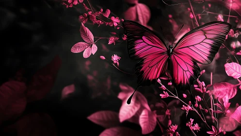 Velvet neon butterfly drifting through midnight blossoms.