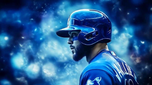 Celestial blue baseball batter in helmet against cosmic bokeh field