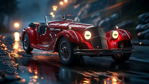 Red vintage roadster on wet night street with headlights on.