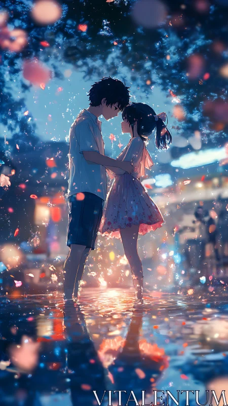 Twilight street romance amid glowing petals and reflections.