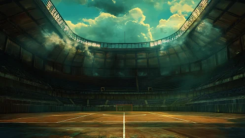 Empty indoor arena with central court under moody sky.