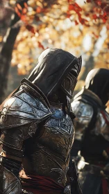 Hooded knight in ornate armor stands in autumn forest