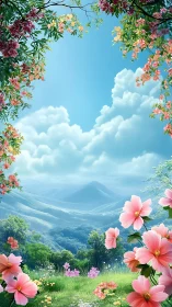 Flower-framed valley landscape opens to bright blue sky.