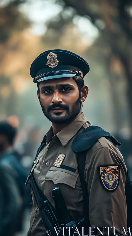 Focused uniformed police officer standing in city street.