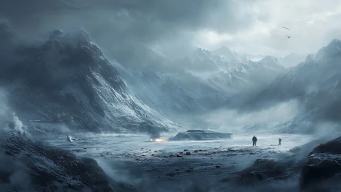 Glacial crash site beneath storm-wreathed alien peaks.