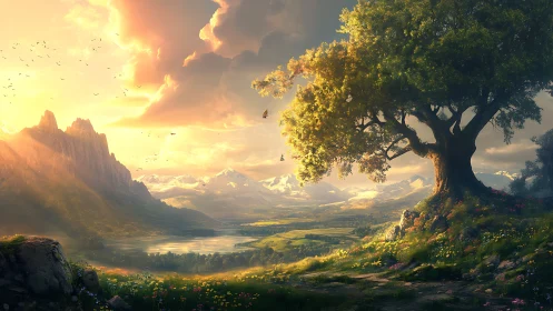 Majestic lone tree overlooks glowing fantasy valley at dawn.