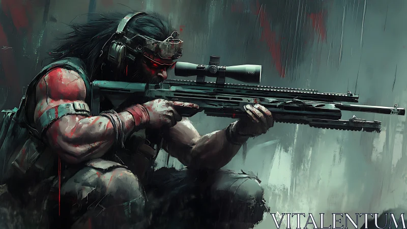 Focused futuristic sniper pausing in a rain-soaked battlefield.