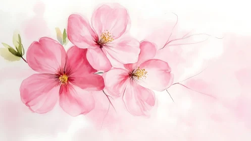 Pink cosmos flowers rendered in soft watercolor wash.