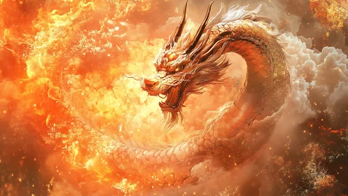 Golden dragon coils through blazing ring of swirling fire