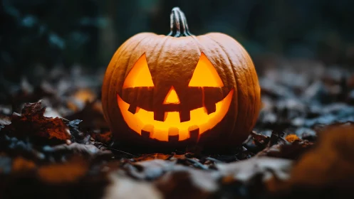 Carved jack o lantern on forest floor with internal candle glow.