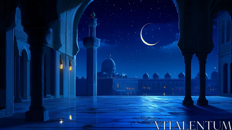 Mosque courtyard reflects crescent moon in deep blue night